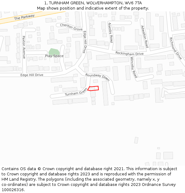 1, TURNHAM GREEN, WOLVERHAMPTON, WV6 7TA: Location map and indicative extent of plot