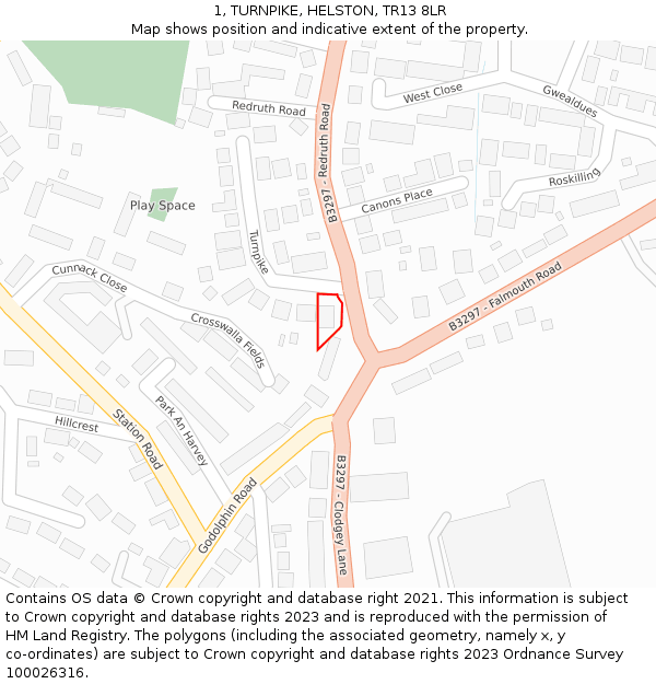 1, TURNPIKE, HELSTON, TR13 8LR: Location map and indicative extent of plot