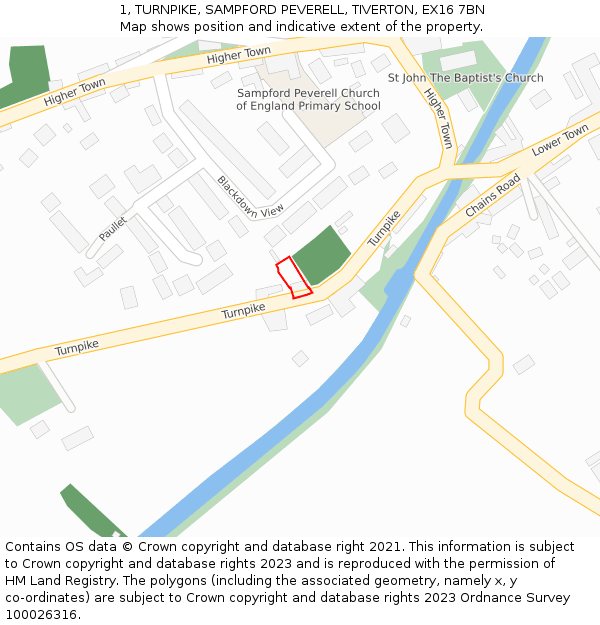 1, TURNPIKE, SAMPFORD PEVERELL, TIVERTON, EX16 7BN: Location map and indicative extent of plot