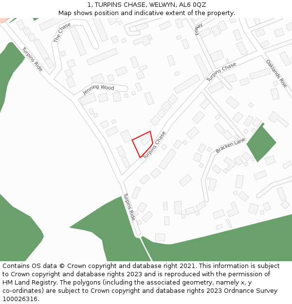 1, TURPINS CHASE, WELWYN, AL6 0QZ: Location map and indicative extent of plot