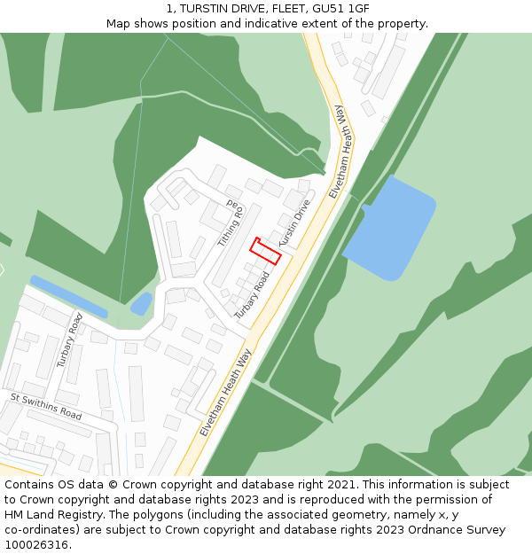 1, TURSTIN DRIVE, FLEET, GU51 1GF: Location map and indicative extent of plot