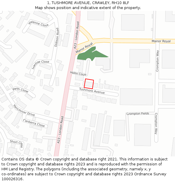 1, TUSHMORE AVENUE, CRAWLEY, RH10 8LF: Location map and indicative extent of plot