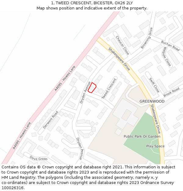 1, TWEED CRESCENT, BICESTER, OX26 2LY: Location map and indicative extent of plot