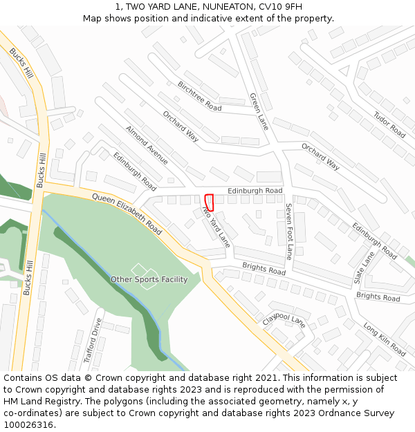 1, TWO YARD LANE, NUNEATON, CV10 9FH: Location map and indicative extent of plot