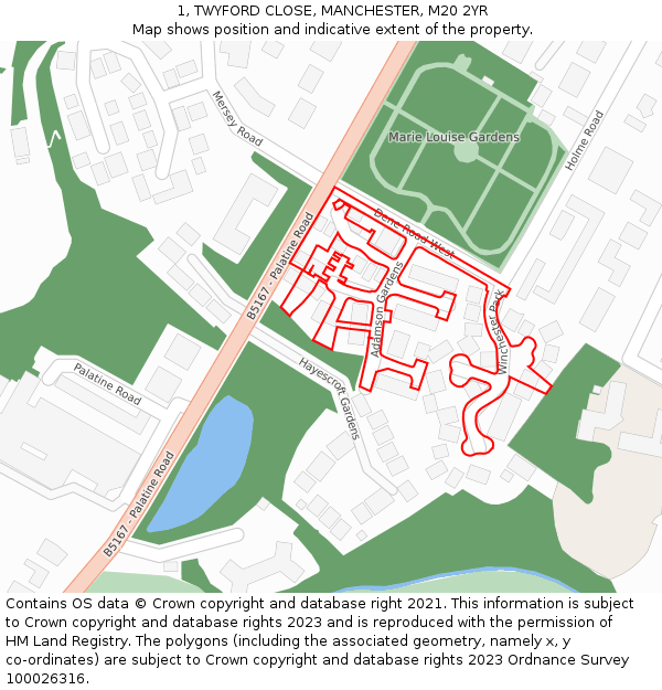 1, TWYFORD CLOSE, MANCHESTER, M20 2YR: Location map and indicative extent of plot