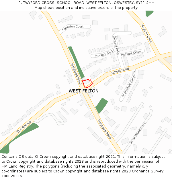 1, TWYFORD CROSS, SCHOOL ROAD, WEST FELTON, OSWESTRY, SY11 4HH: Location map and indicative extent of plot