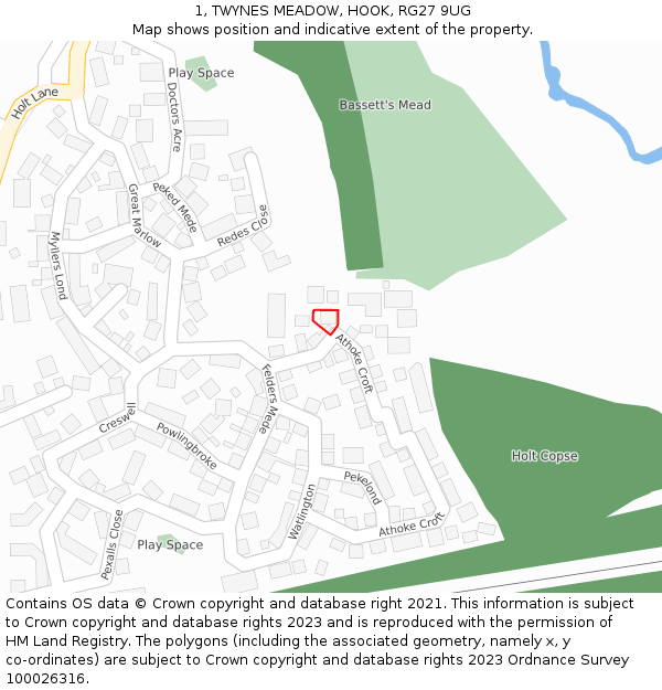 1, TWYNES MEADOW, HOOK, RG27 9UG: Location map and indicative extent of plot