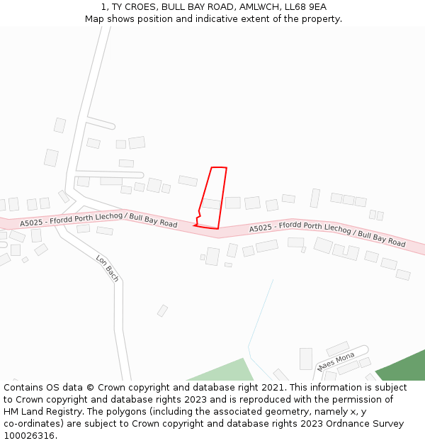 1, TY CROES, BULL BAY ROAD, AMLWCH, LL68 9EA: Location map and indicative extent of plot