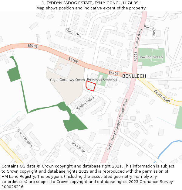 1, TYDDYN FADOG ESTATE, TYN-Y-GONGL, LL74 8SL: Location map and indicative extent of plot