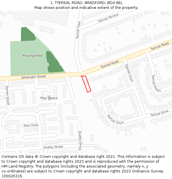 1, TYERSAL ROAD, BRADFORD, BD4 8EL: Location map and indicative extent of plot