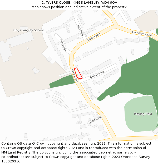 1, TYLERS CLOSE, KINGS LANGLEY, WD4 9QA: Location map and indicative extent of plot