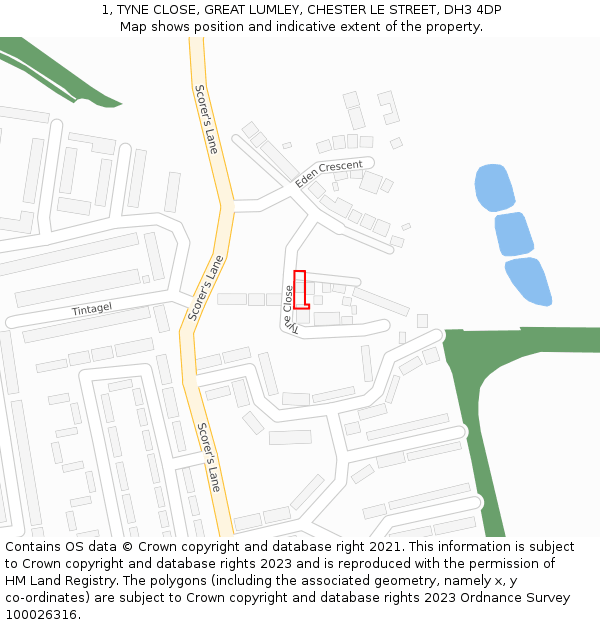 1, TYNE CLOSE, GREAT LUMLEY, CHESTER LE STREET, DH3 4DP: Location map and indicative extent of plot