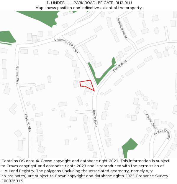 1, UNDERHILL PARK ROAD, REIGATE, RH2 9LU: Location map and indicative extent of plot