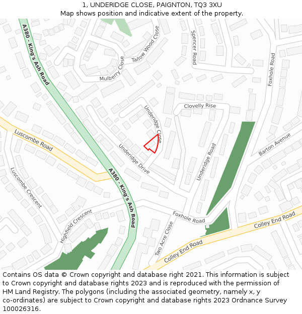 1, UNDERIDGE CLOSE, PAIGNTON, TQ3 3XU: Location map and indicative extent of plot