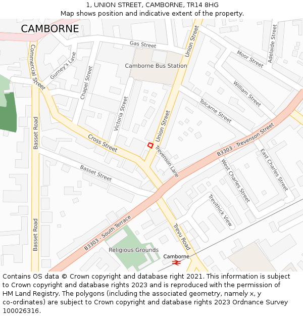 1, UNION STREET, CAMBORNE, TR14 8HG: Location map and indicative extent of plot