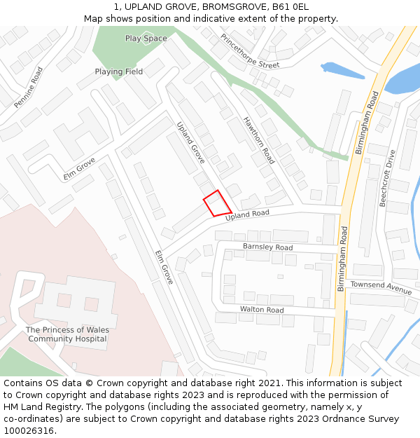 1, UPLAND GROVE, BROMSGROVE, B61 0EL: Location map and indicative extent of plot