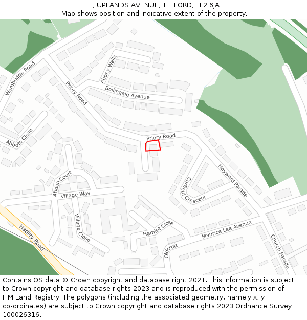 1, UPLANDS AVENUE, TELFORD, TF2 6JA: Location map and indicative extent of plot