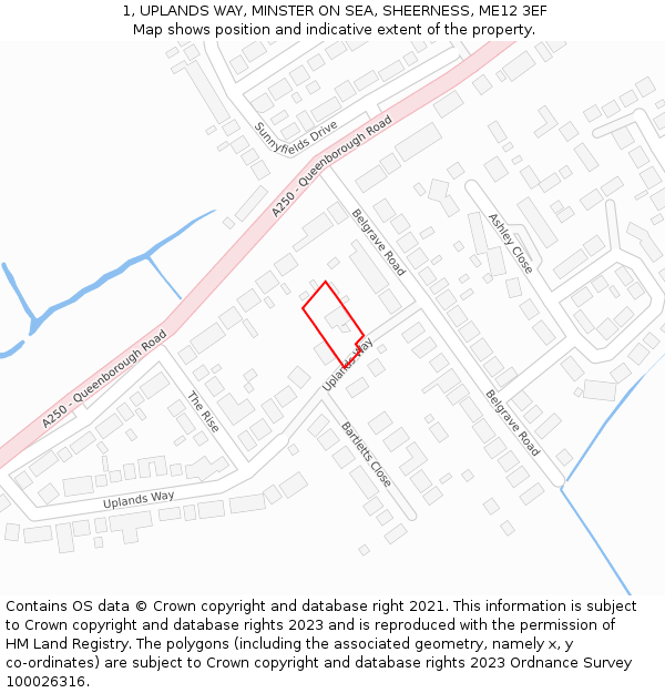 1, UPLANDS WAY, MINSTER ON SEA, SHEERNESS, ME12 3EF: Location map and indicative extent of plot