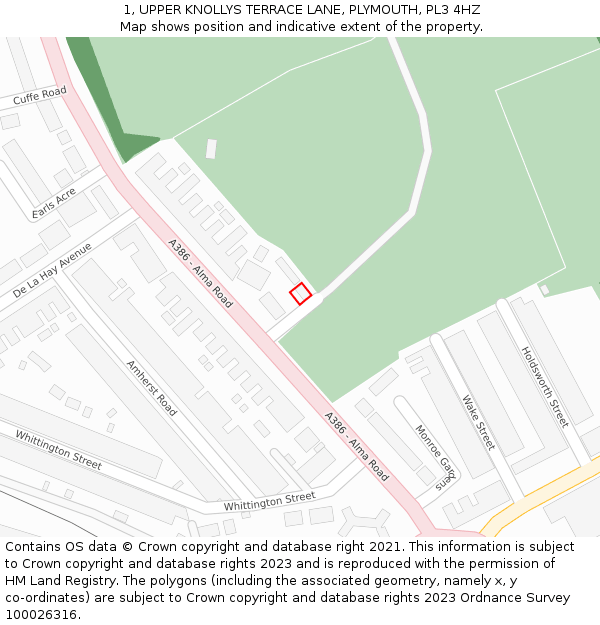 1, UPPER KNOLLYS TERRACE LANE, PLYMOUTH, PL3 4HZ: Location map and indicative extent of plot
