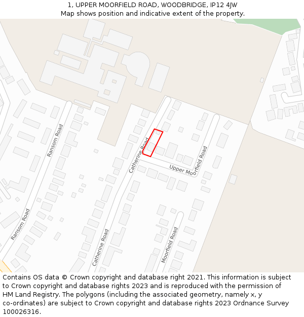 1, UPPER MOORFIELD ROAD, WOODBRIDGE, IP12 4JW: Location map and indicative extent of plot