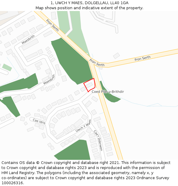 1, UWCH Y MAES, DOLGELLAU, LL40 1GA: Location map and indicative extent of plot