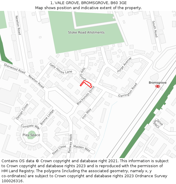 1, VALE GROVE, BROMSGROVE, B60 3GE: Location map and indicative extent of plot