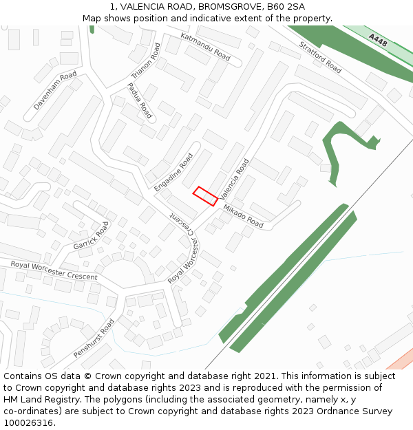 1, VALENCIA ROAD, BROMSGROVE, B60 2SA: Location map and indicative extent of plot