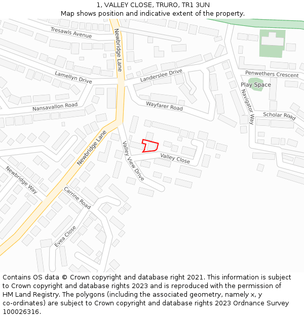 1, VALLEY CLOSE, TRURO, TR1 3UN: Location map and indicative extent of plot