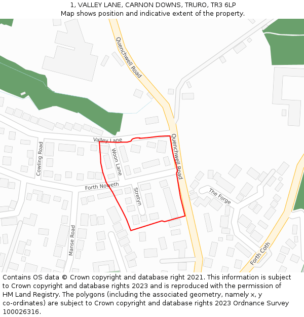 1, VALLEY LANE, CARNON DOWNS, TRURO, TR3 6LP: Location map and indicative extent of plot