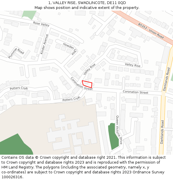 1, VALLEY RISE, SWADLINCOTE, DE11 0QD: Location map and indicative extent of plot