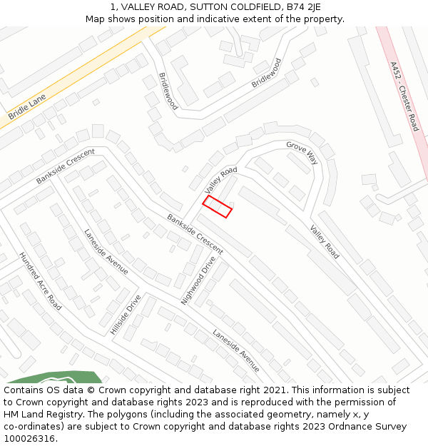 1, VALLEY ROAD, SUTTON COLDFIELD, B74 2JE: Location map and indicative extent of plot