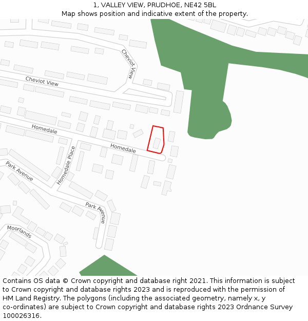 1, VALLEY VIEW, PRUDHOE, NE42 5BL: Location map and indicative extent of plot