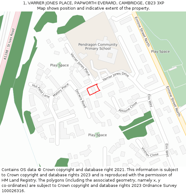 1, VARRIER JONES PLACE, PAPWORTH EVERARD, CAMBRIDGE, CB23 3XP: Location map and indicative extent of plot