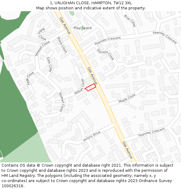 1, VAUGHAN CLOSE, HAMPTON, TW12 3XL: Location map and indicative extent of plot