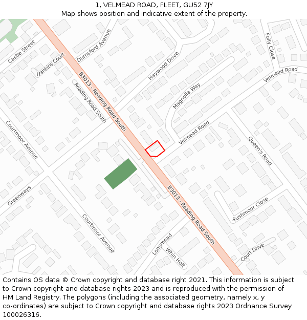 1, VELMEAD ROAD, FLEET, GU52 7JY: Location map and indicative extent of plot