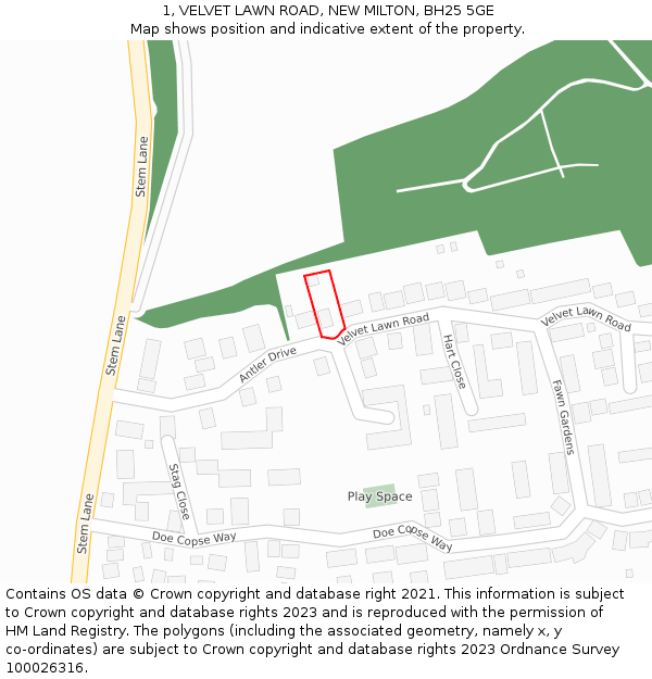 1, VELVET LAWN ROAD, NEW MILTON, BH25 5GE: Location map and indicative extent of plot