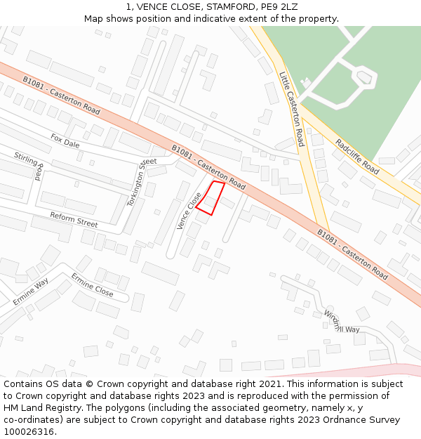 1, VENCE CLOSE, STAMFORD, PE9 2LZ: Location map and indicative extent of plot