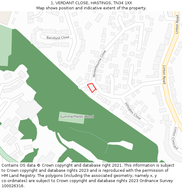 1, VERDANT CLOSE, HASTINGS, TN34 1XX: Location map and indicative extent of plot
