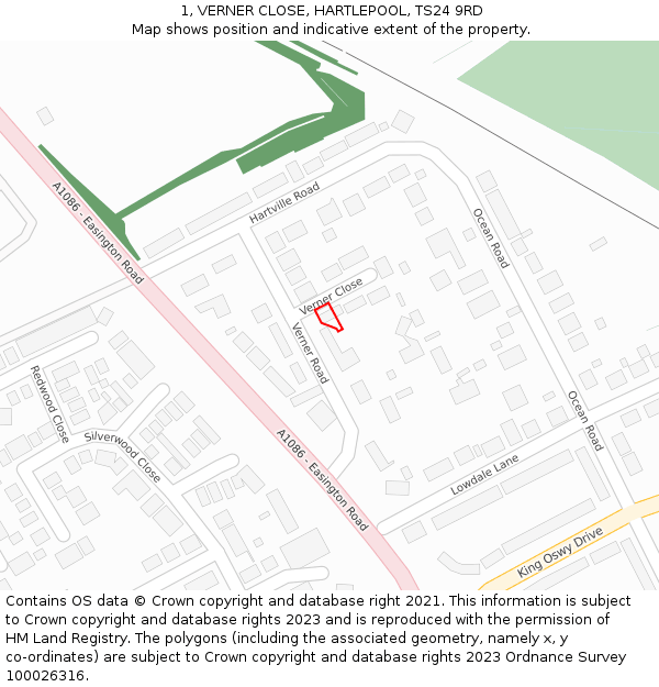 1, VERNER CLOSE, HARTLEPOOL, TS24 9RD: Location map and indicative extent of plot