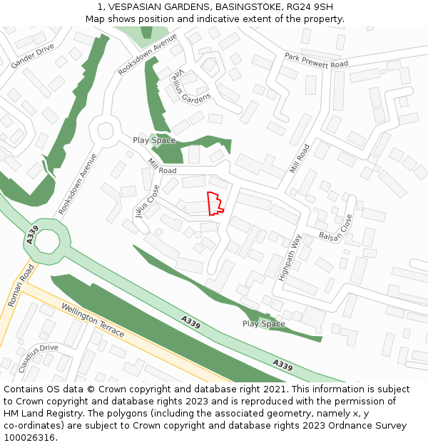 1, VESPASIAN GARDENS, BASINGSTOKE, RG24 9SH: Location map and indicative extent of plot