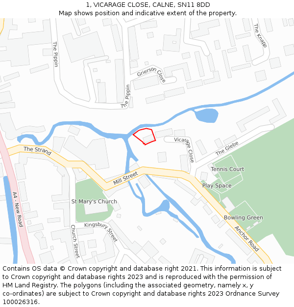 1, VICARAGE CLOSE, CALNE, SN11 8DD: Location map and indicative extent of plot