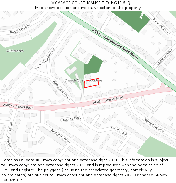 1, VICARAGE COURT, MANSFIELD, NG19 6LQ: Location map and indicative extent of plot