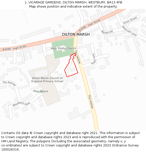 1, VICARAGE GARDENS, DILTON MARSH, WESTBURY, BA13 4FB: Location map and indicative extent of plot