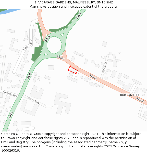 1, VICARAGE GARDENS, MALMESBURY, SN16 9NZ: Location map and indicative extent of plot