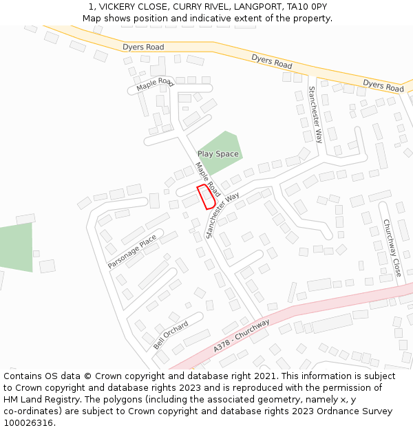 1, VICKERY CLOSE, CURRY RIVEL, LANGPORT, TA10 0PY: Location map and indicative extent of plot