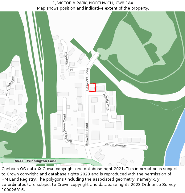 1, VICTORIA PARK, NORTHWICH, CW8 1AX: Location map and indicative extent of plot