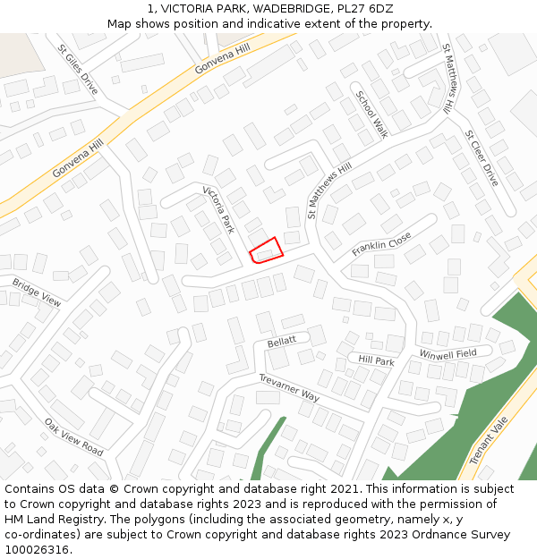 1, VICTORIA PARK, WADEBRIDGE, PL27 6DZ: Location map and indicative extent of plot