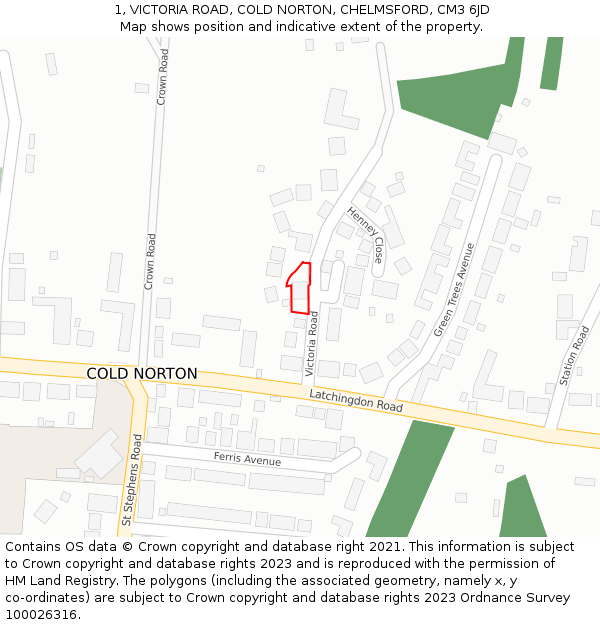 1, VICTORIA ROAD, COLD NORTON, CHELMSFORD, CM3 6JD: Location map and indicative extent of plot