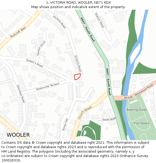 1, VICTORIA ROAD, WOOLER, NE71 6DX: Location map and indicative extent of plot