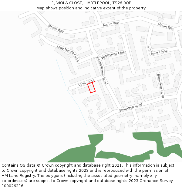 1, VIOLA CLOSE, HARTLEPOOL, TS26 0QP: Location map and indicative extent of plot